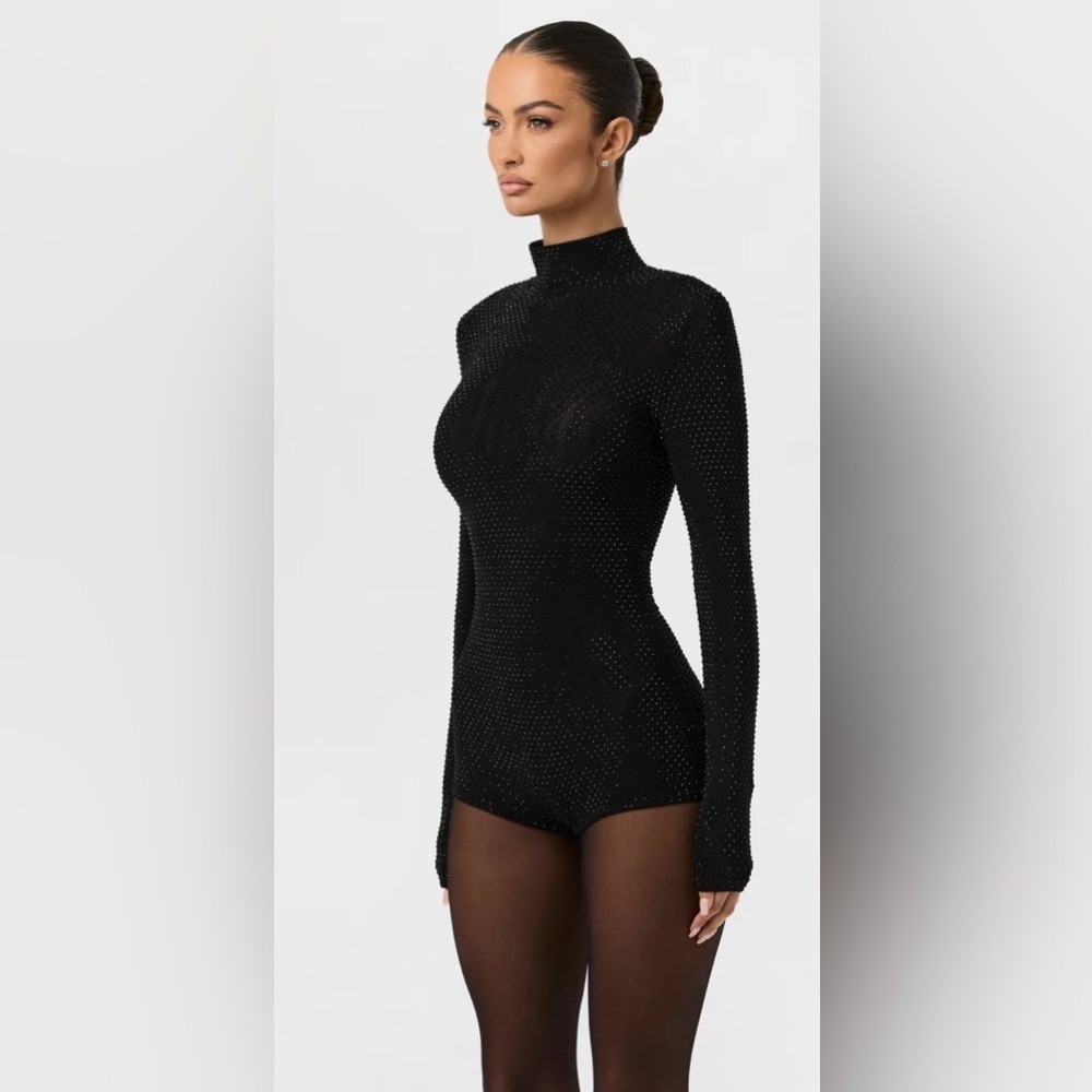 Naked Wardrobe Crystal Turtleneck Romper in Black Size Large NEW - Picture 2 of 10
